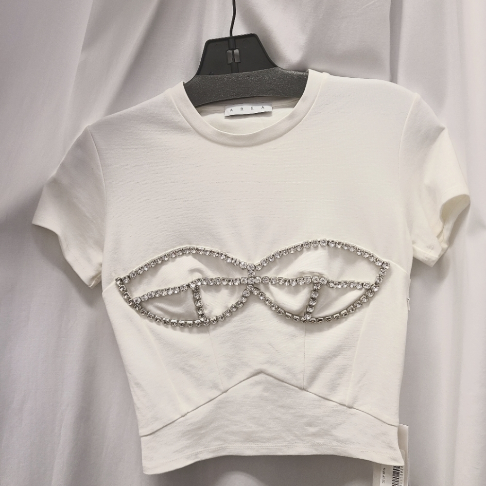 AREA White Crop Top with Silver Embellishments